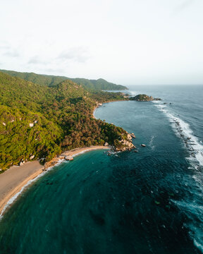 Aerial drone view of the beach in the Tayrona National Natural Park in Santa Marta, Magdalena, Colombia.