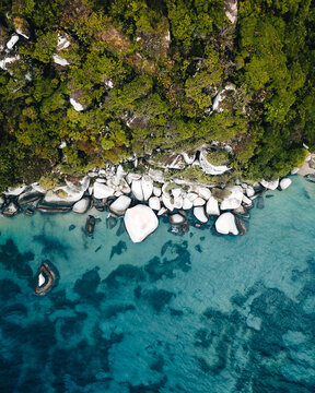 Aerial drone view of the beach in the Tayrona National Natural Park in Santa Marta, Magdalena, Colombia.