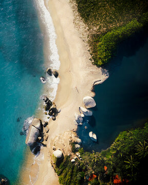 Aerial drone view of the beach in the Tayrona National Natural Park in Santa Marta, Magdalena, Colombia.