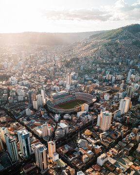 Aerial drone view of the city of La Paz and the football stadium Hernando Siles in La Paz, Bolivia.