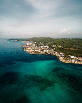 Aerial drone view of the beach in the Tayrona National Natural Park in Santa Marta, Magdalena, Colombia.