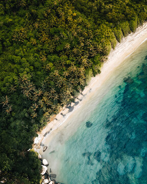 Aerial drone view of the beach in the Tayrona National Natural Park in Santa Marta, Magdalena, Colombia.