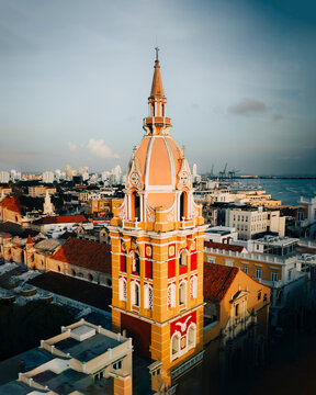 Aerial drone view of the Cathedral of Cartagena de Indias in Cartagena, Colombia.