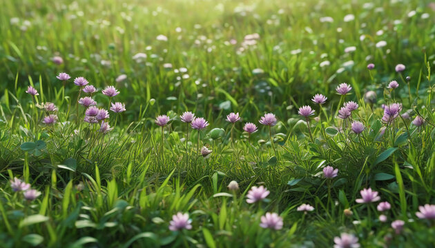 Clover and other wildflowers growing in a green meadow. Very detailed details. Generative AI.

