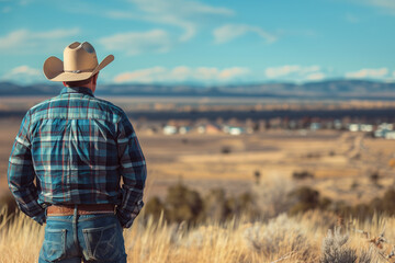 Naklejka na ściany i meble The cowboy looks into the distance at the village