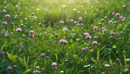 Clover and other wildflowers growing in a green meadow. Very detailed details. Generative AI.