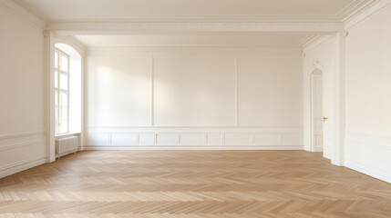 A large, empty room with white walls and wooden floors. The room is very spacious and has a clean, minimalist look. The open space and lack of clutter give the room a sense of calm and tranquility