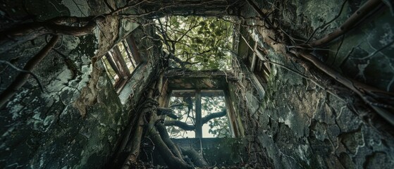 Infuse a sense of dread and isolation into the image by framing a decaying, overgrown structure from a low angle Let the viewers feel the weight of a world in ruins through your composition - obrazy, fototapety, plakaty