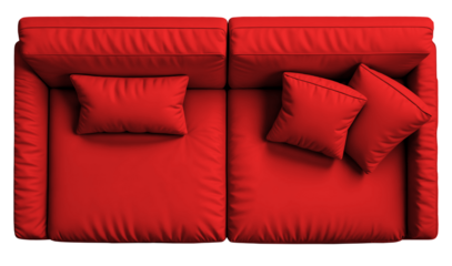 2-seat red leather sofa isolated on a transparent background, top view	