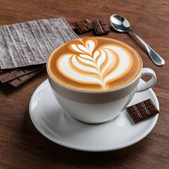 A cup of cappuccino coffee and chocolate on the table. Delicious and nutritious breakfast