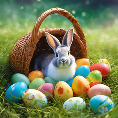 Colorful Easter eggs in a rustic basket. The Easter bunny. Happy Easter