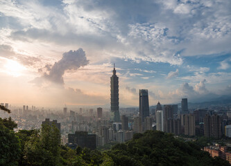 city skyline at sunset of Taipei 101