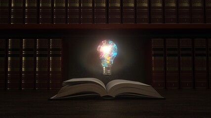 Offenes Buch mit der bunt leuchtenden Glühbirne vor einem Bücherregal - 3D illustration - 3D illustration - obrazy, fototapety, plakaty