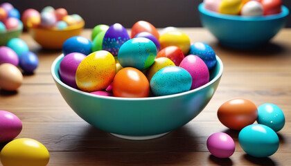 Fototapeta na wymiar Colorful Easter eggs on a table in a decorated bowl. Generative AI.