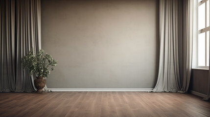 A large empty room with a white wall and a large window. A plant is sitting in a vase on the floor