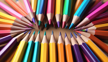 Colorful crayons arranged with their tips pointing towards the center. Generative AI.

