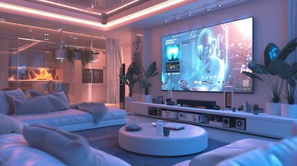 an AI-generated image of a high-tech living room setup with a large TV. Consider the placement of smart home devices and integration of futuristic design elements