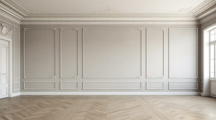 A large, empty room with white walls and a wooden floor. The room is very spacious and has a clean, minimalist look