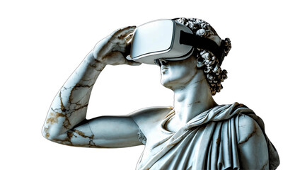 Marble statue with VR virtual reality headset posing thoughtfully, merging classical art with immersive technology.