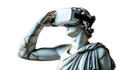 Marble statue with VR virtual reality headset posing thoughtfully, merging classical art with immersive technology.