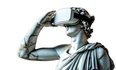 Deurstickers Marble statue with VR virtual reality headset posing thoughtfully, merging classical art with immersive technology. © Halyna
