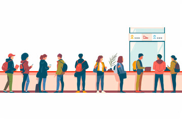 An illustration depicts a diverse group of people patiently waiting in line at a service counter, a common slice of everyday life. The clear, orderly queue reflects societal norms and organization.
