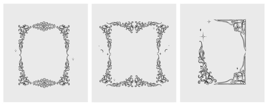 Hand drawn vector abstract outline,graphic,line vintage baroque ornament floral frame in calligraphic elegant modern style.Baroque floral vintage outline design concept.Vector antique frame isolated.