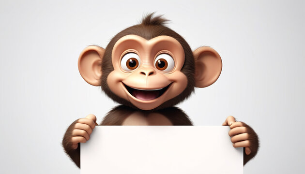 Cheerful monkey holding a white card, generative AI.

