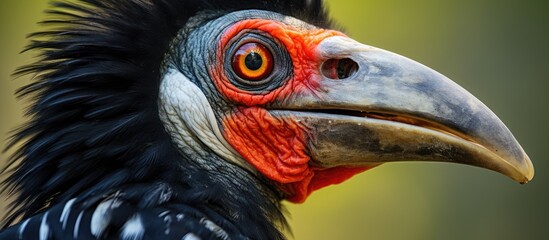 A close up image of a bird of prey from the Accipitriformes order, known for its large beak and striking orange eyes. This terrestrial animal belongs to the Accipitridae family