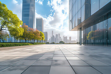 Empty ground and urban skyline. AI technology generated image