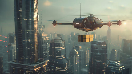 copter flying with carton box on megapolis city background. Concept of remote control delivery service. - obrazy, fototapety, plakaty