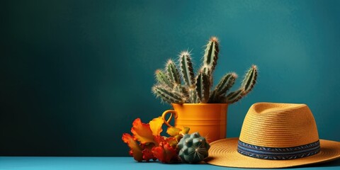 Composition with cactus, hat and pottery on color background  - obrazy, fototapety, plakaty