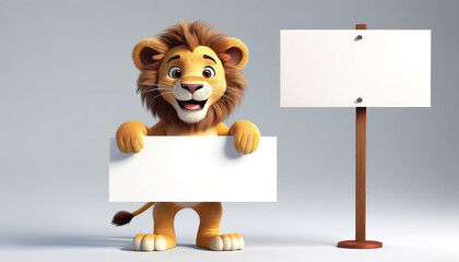 
Cheerful lion holding a white card, displaying a placard, isolated on a bright background. Blank internet banner template and space for copy, generative AI.