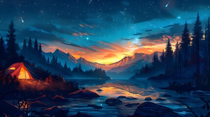 Serene Night Camping Under Starry Skies in Wilderness Landscape with Glowing Tent, Reflection, and Majestic Mountains - obrazy, fototapety, plakaty