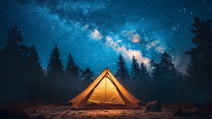 Cozy Tent Aglow Under a Starry Night Sky in the Serene Wilderness