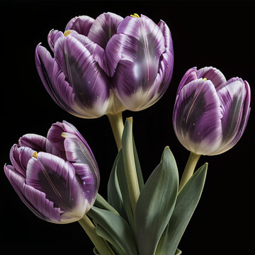 Beautiful bouquet of purple tulips on a black background. Close-up. Floral card