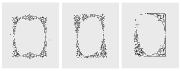 Hand drawn vector abstract outline,graphic,line vintage baroque ornament floral frame in calligraphic elegant modern style.Baroque floral vintage outline design concept.Vector antique frame isolated. - 763270167