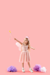 Cute little fairy with magic wand on pink background