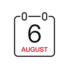 August 6 date on the calendar, vector line stroke icon for user interface. Calendar with date, vector illustration.