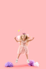 Obraz na płótnie Canvas Cute little fairy with magic wand on pink background
