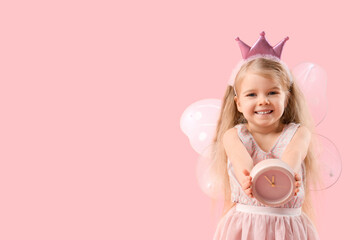 Obraz na płótnie Canvas Cute little fairy with clock on pink background