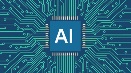 Modern cyberbrain concept. Outline top view illustration of a circuit board with a brain. Artificial intelligence banner