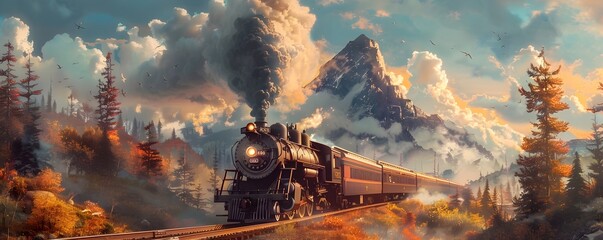 Exhilarating Cross-Country Rail Expedition Through Enchanting Autumnal Landscapes - obrazy, fototapety, plakaty