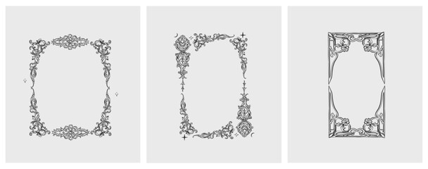 Hand drawn vector abstract outline,graphic,line vintage baroque ornament floral frame in calligraphic elegant modern style.Baroque floral vintage outline design concept.Vector antique frame isolated. - 763270547