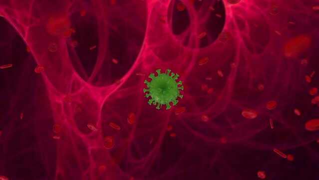 Biological weapon: Artificially engineered viruses. Witness ominous presence of green spherical viruses within human body. Explore potential of biological weapons and their implications.