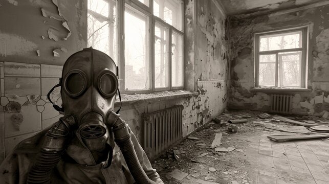 Man wearing gas mask in run down room