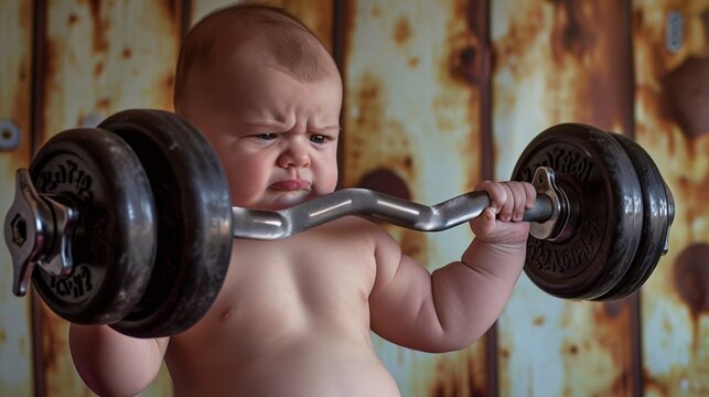 Baby holding barbell in front of rusty wall