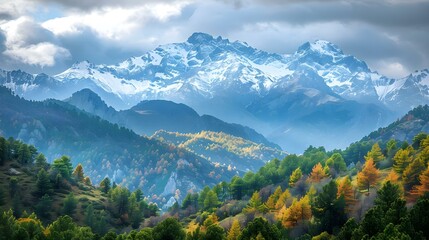10000 BC mountainous landscape with snowcapped peaks forests animals human communities timber harvesting hunting and spiritual practices. Concept Prehistoric Communities, Mountainous Landscape - obrazy, fototapety, plakaty