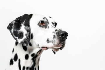 A Dalmatian head is captured in a close-up, its spotted coat and thoughtful expression are highlighted against a clean white backdrop