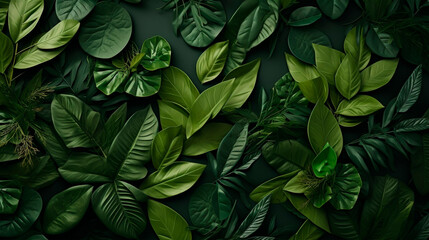A vibrant green wall densely covered with numerous lush leaves creating a striking natural backdrop. A fresh background for cosmetics. Banner. Copy space